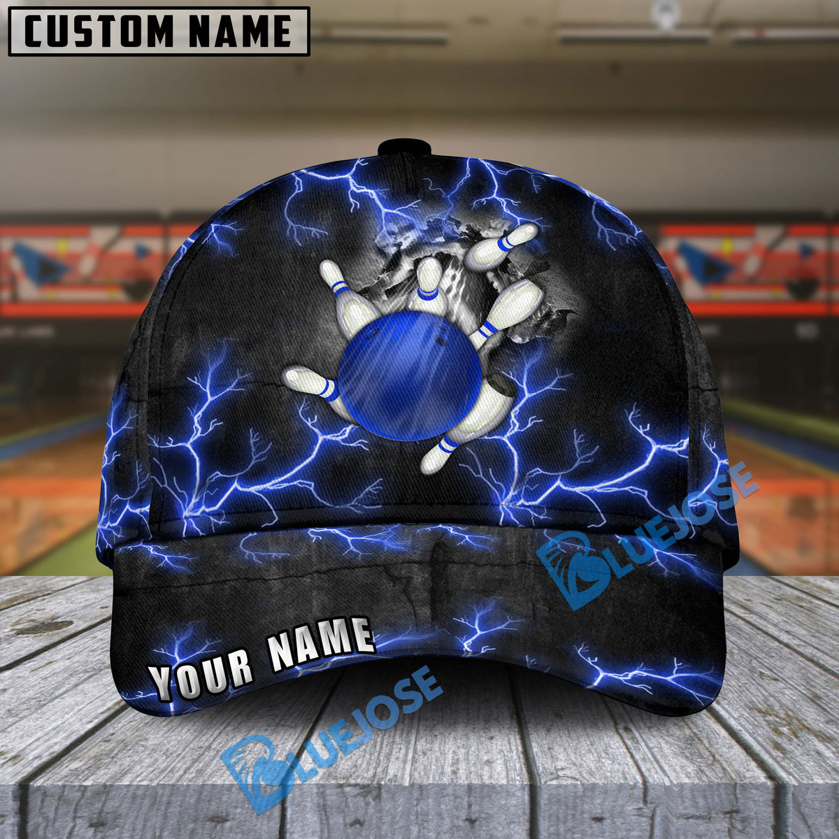 BlueJoses Bowling And Pins The Power Of The God Of Thunder Multicolor Personalized Name Cap