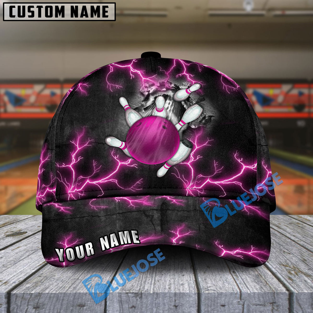 BlueJoses Bowling And Pins The Power Of The God Of Thunder Multicolor Personalized Name Cap