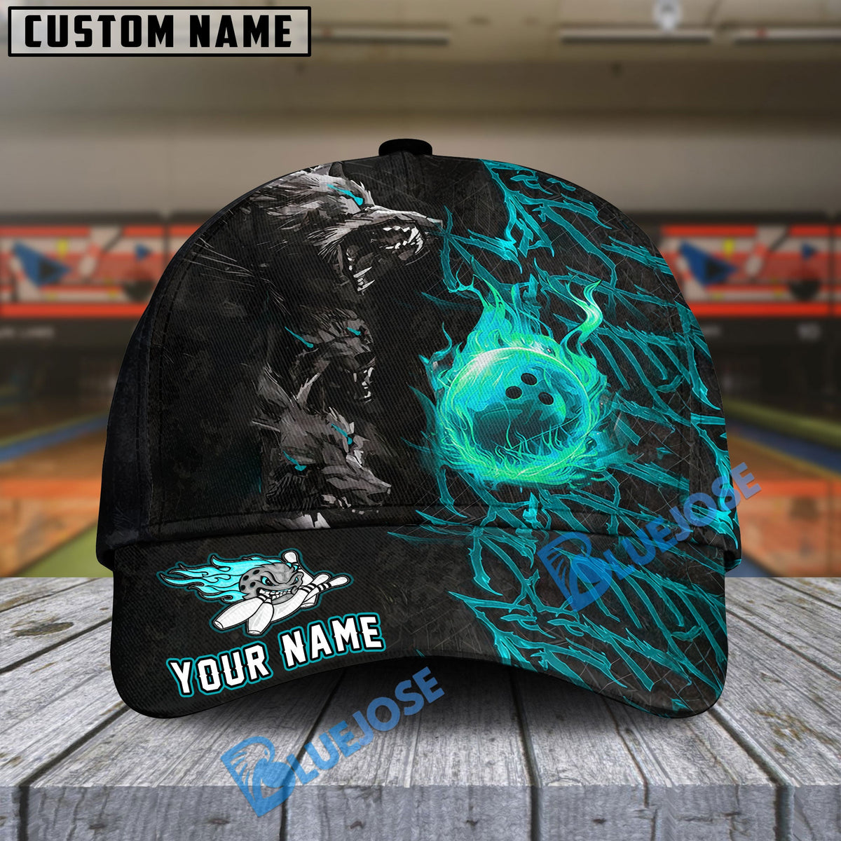 BlueJoses Bowling And Pins Flame Wolf Multicolor Personalized Name Cap