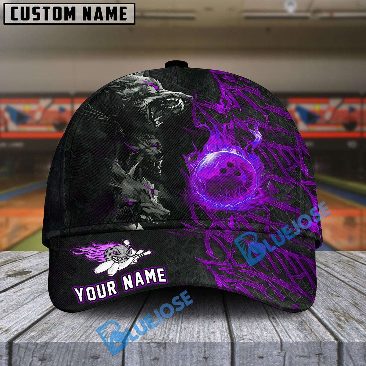 BlueJoses Bowling And Pins Flame Wolf Multicolor Personalized Name Cap