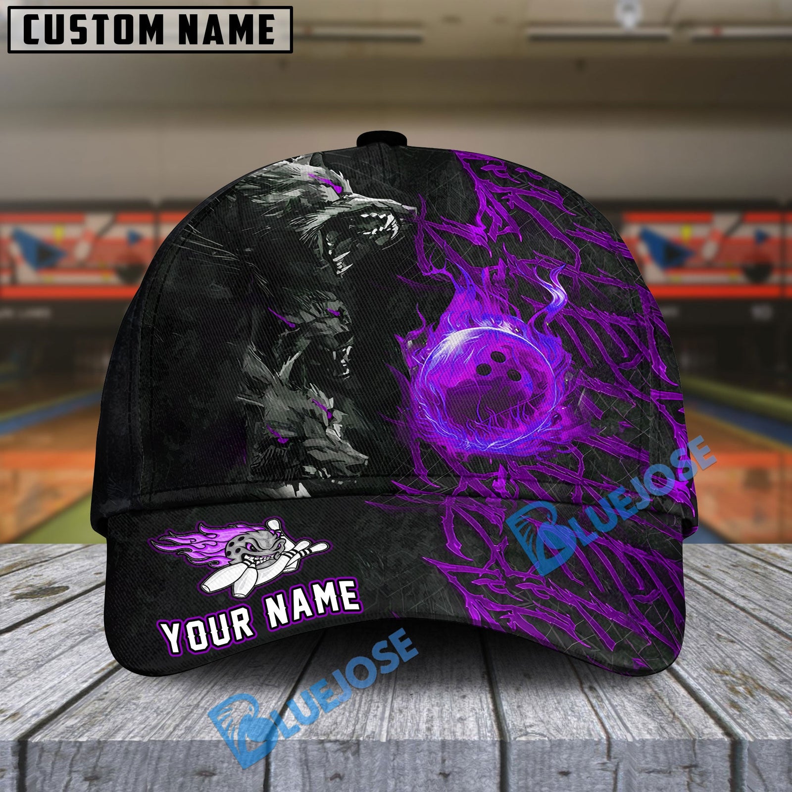BlueJoses Bowling And Pins Flame Wolf Multicolor Personalized Name Cap