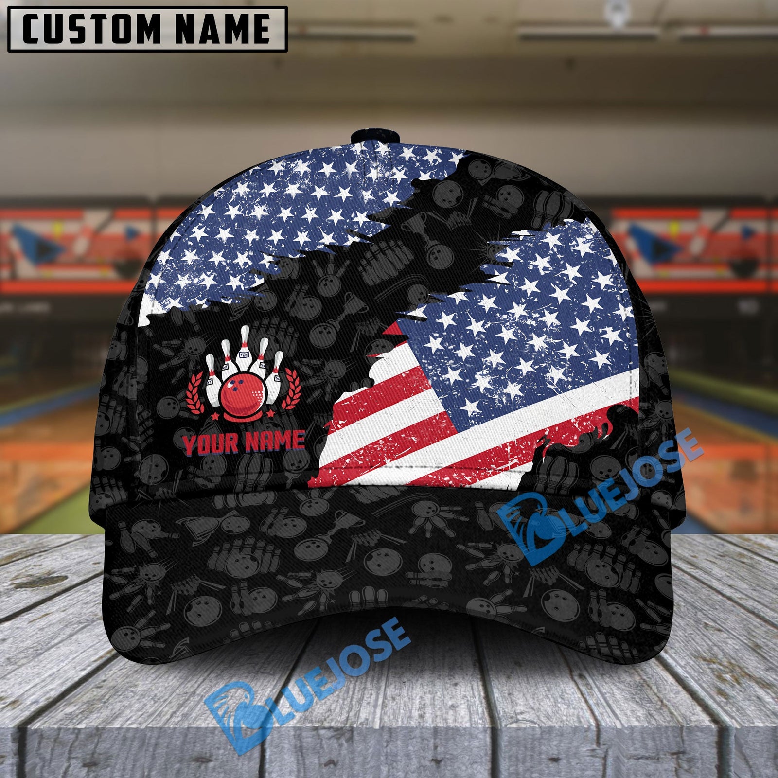 BlueJose Bowling Black US Flag Bowling Pattern Personalized Name Cap
