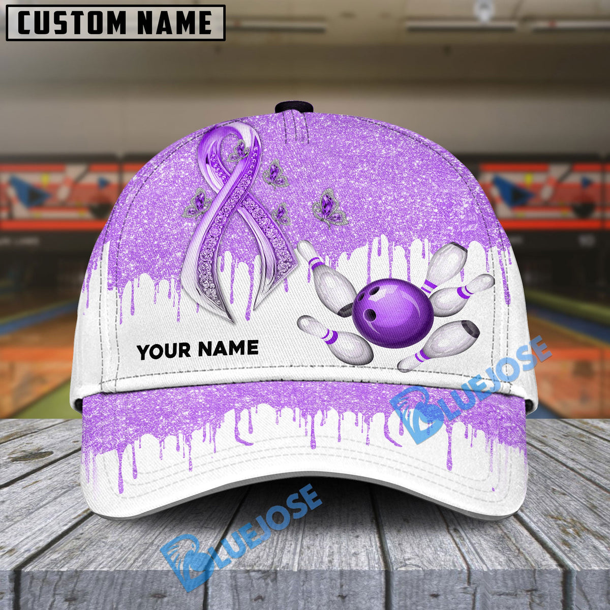 BlueJoses Bowling And Pins Awareness Edition Multicolor Personalized Name Cap