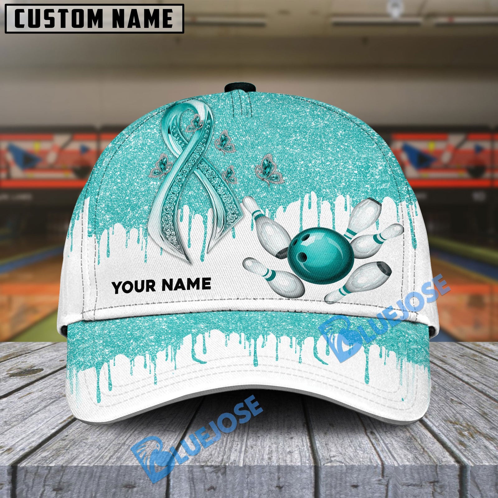 BlueJoses Bowling And Pins Awareness Edition Multicolor Personalized Name Cap