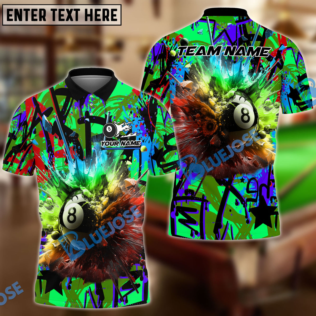 BlueJose Billiards 8 Ball Graffiti Explosion Paint Personalized Name, Team Name Shirt (4 Colors)
