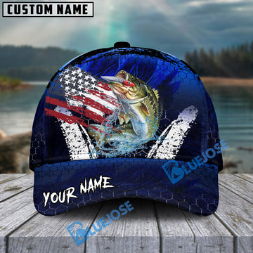 Bluejose Bass Fishing Dark Blue Scratch American Flag scratch Sport Personalized Cap