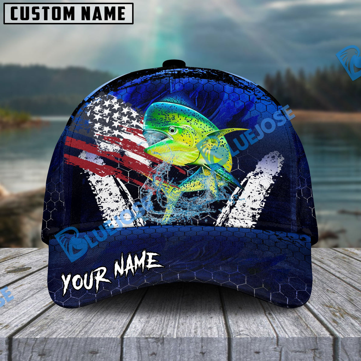 Bluejose Mahimahi Fishing Dark Blue Scratch American Flag scratch Sport Personalized Cap