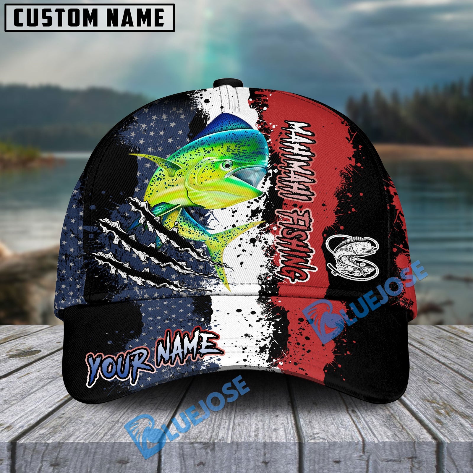 Bluejose Mahi Mahi Fishing Paint Scratch American Flag scratch Sport Personalized Cap
