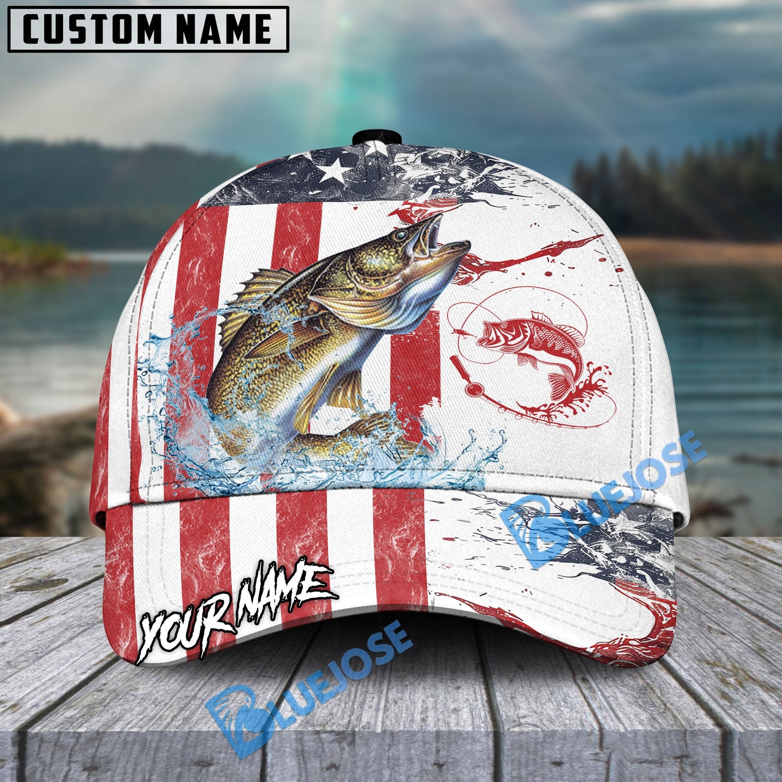 Bluejose Walleye Fishing American Flag Red Blue Seawave Personalized Cap