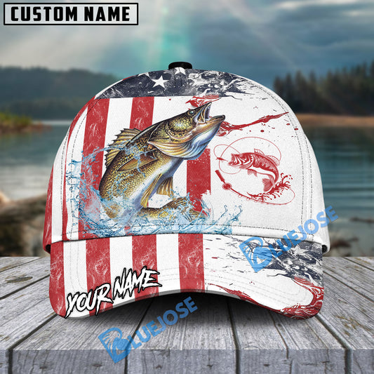 Bluejose Walleye Fishing American Flag Red Blue Seawave Personalized Cap