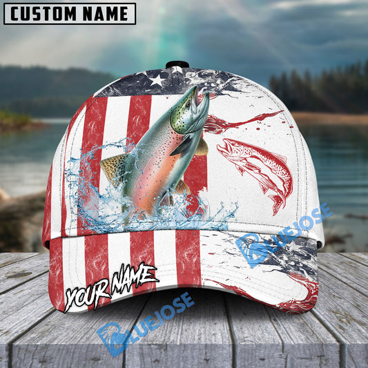 Bluejose Salmon Fishing American Flag Red Blue Seawave Personalized Cap