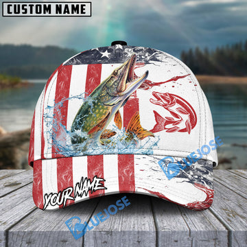 Bluejose Pike Fishing American Flag Red Blue Seawave Personalized Cap