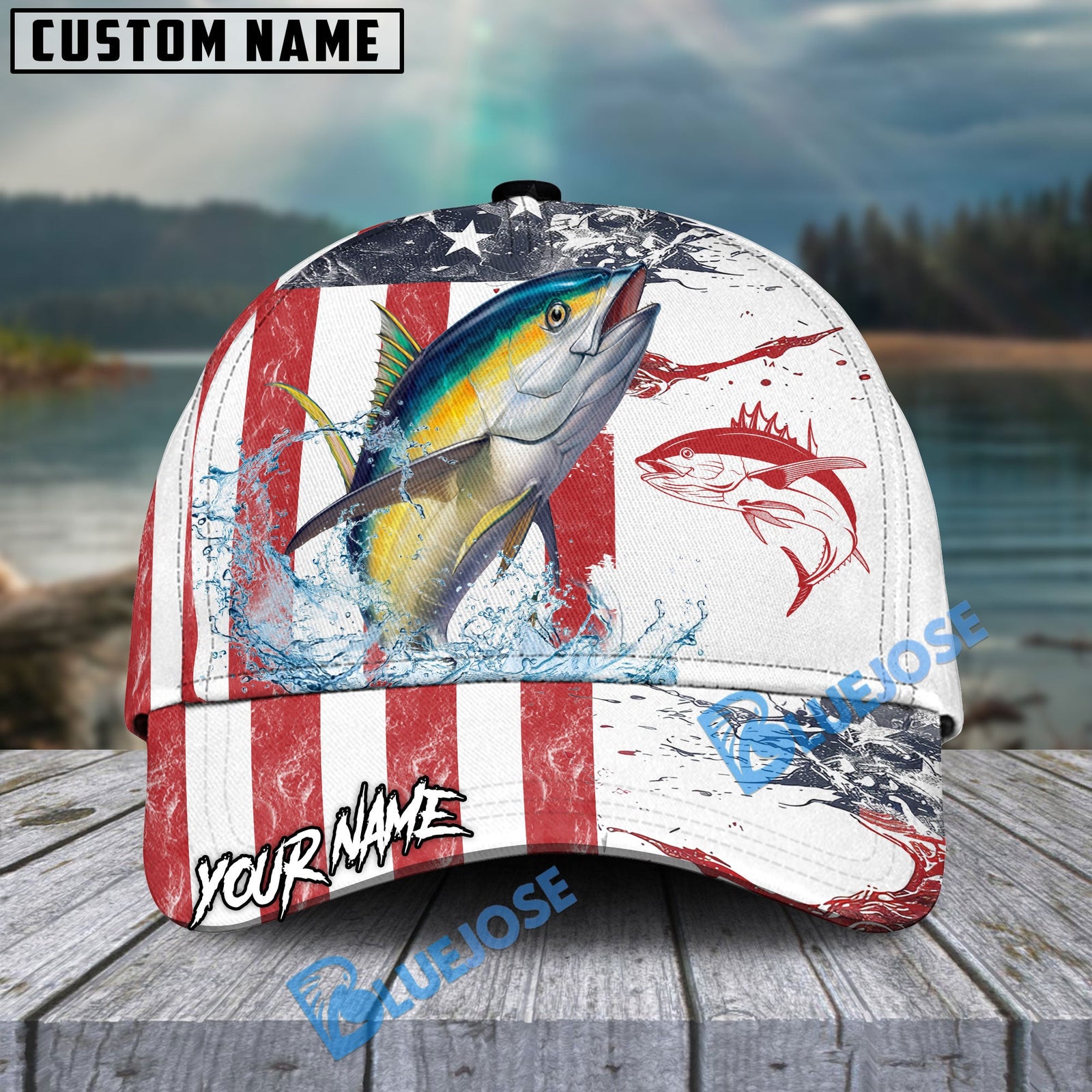Bluejose Tuna Fishing American Flag Red Blue Seawave Personalized Cap
