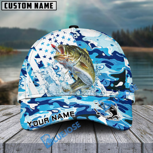 Bluejose Bass Fishing Blue White American Flag Personalized Cap