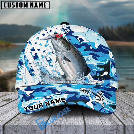 Bluejose Salmon Fishing Blue White American Flag Personalized Cap