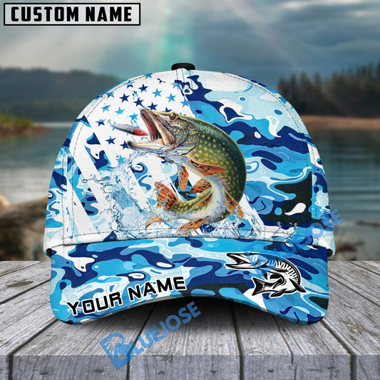 Bluejose Pike Fishing Blue White American Flag Personalized Cap