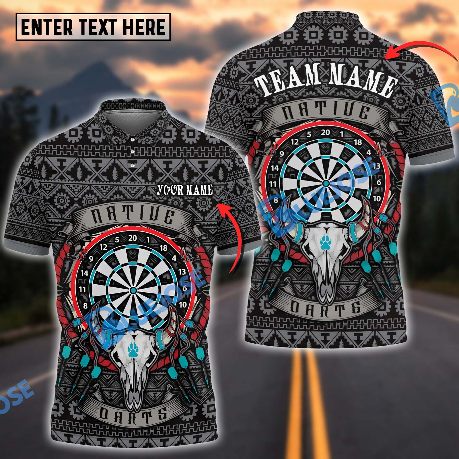 BlueJose Darts Native American Skull 2 Personalized Name, Team Name Shirt