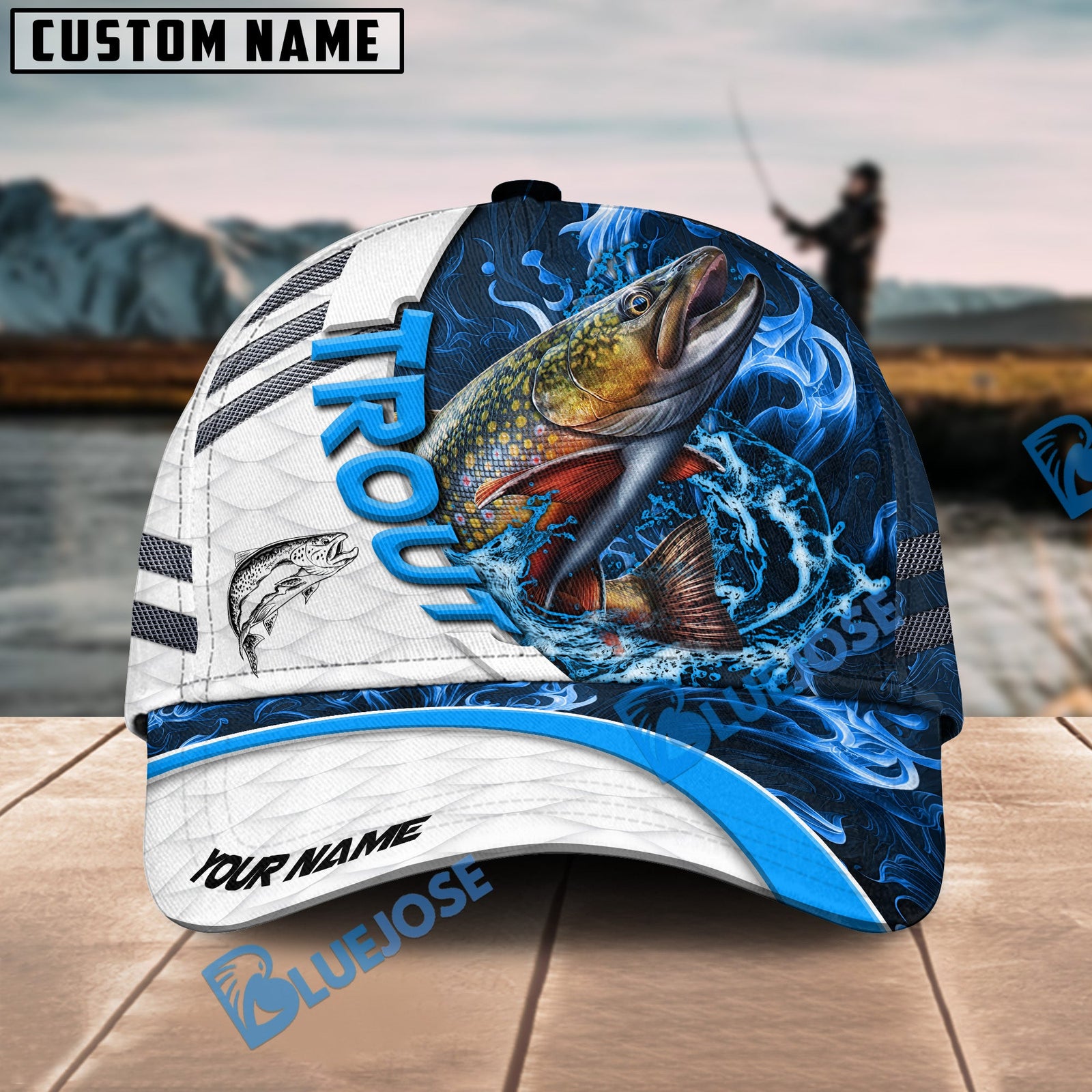 Bluejose Trout Fishing White Blue Lava Sport Personalized Cap