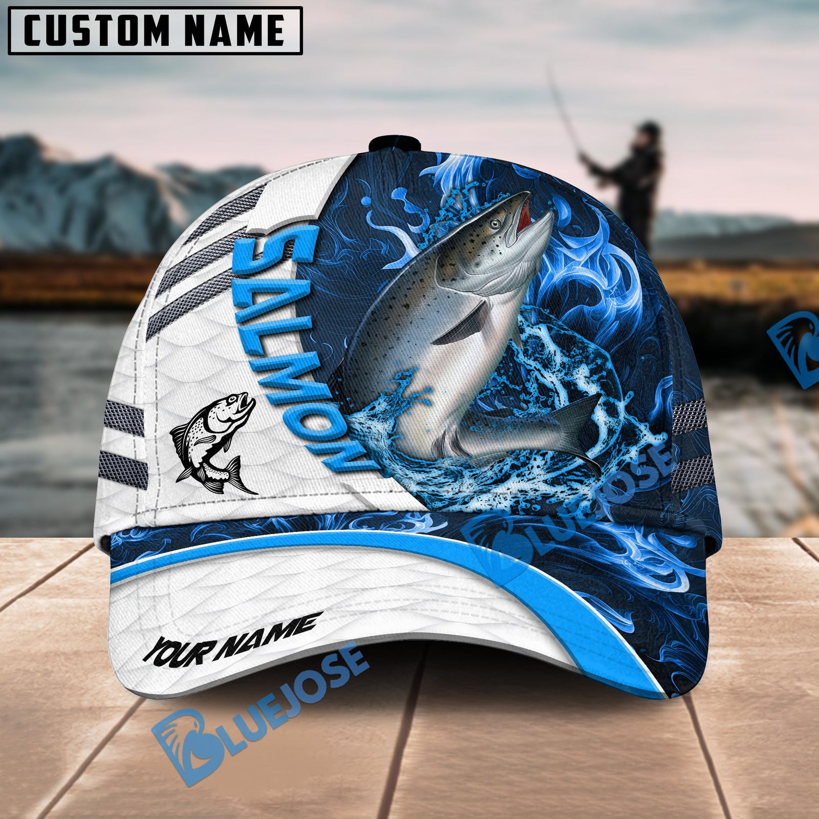 Bluejose Salmon Fishing White Blue Lava Sport Personalized Cap