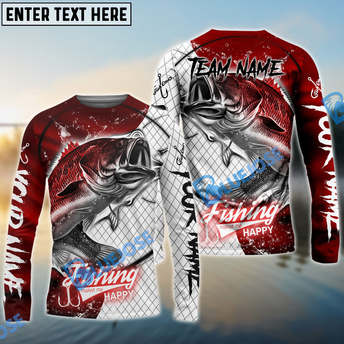 Bluejose Bass Fishing Dark Red Skin Sport Custom Name &amp; Team Name 3D Shirts