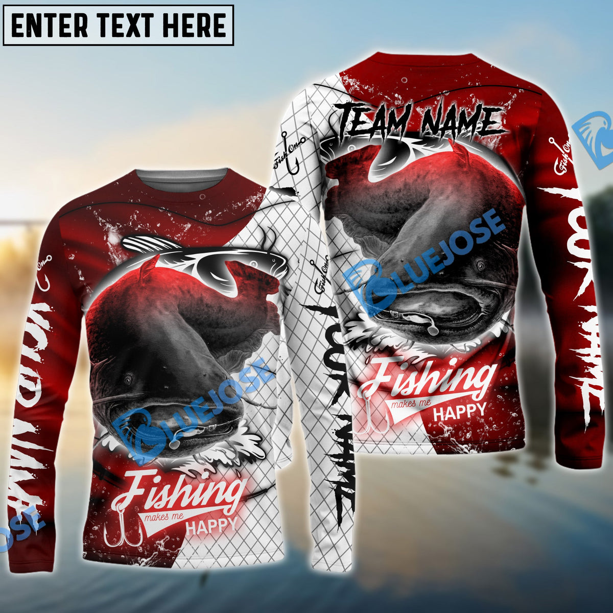 Bluejose Catfish Fishing Dark Red Skin Sport Custom Name &amp; Team Name 3D Shirts
