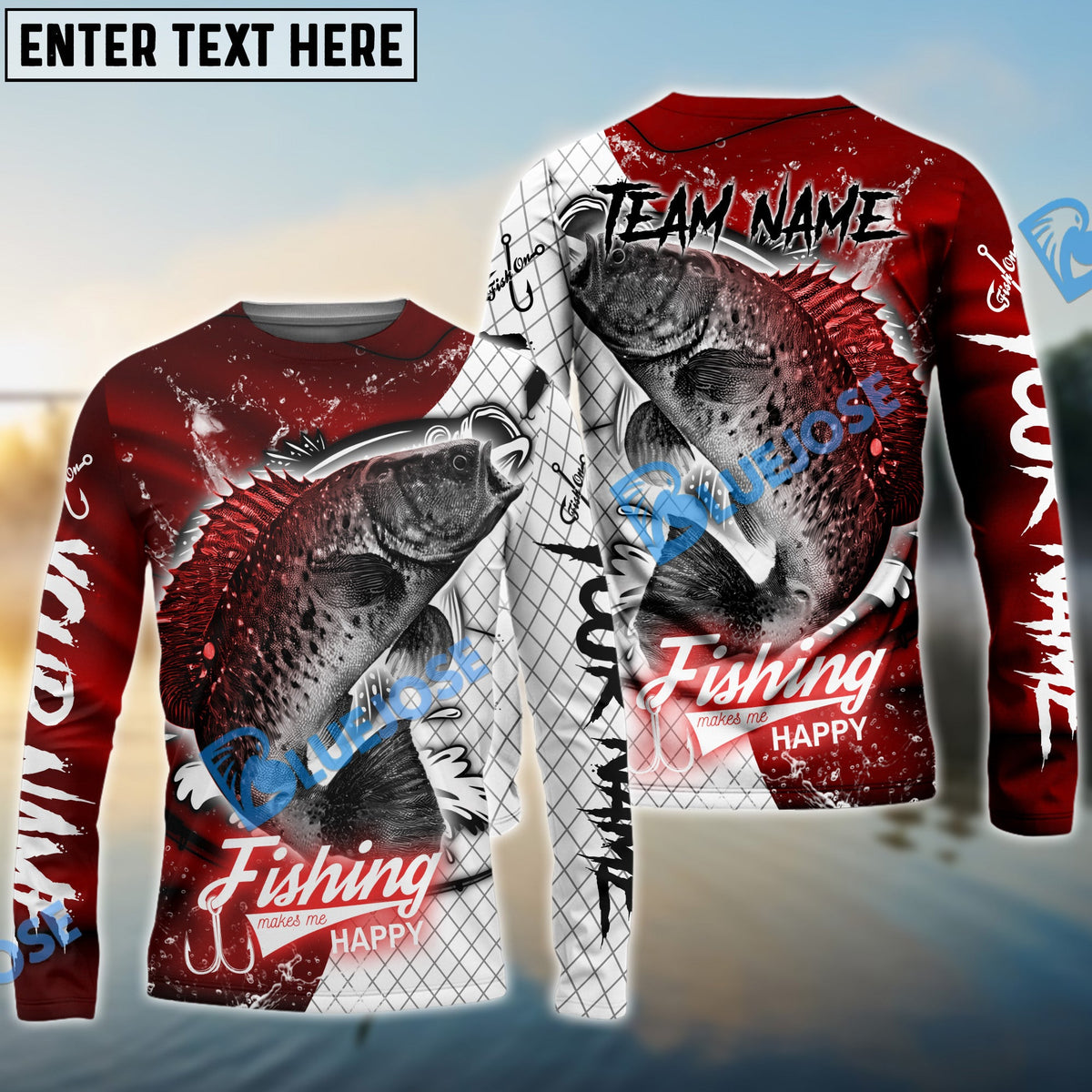 Bluejose Crappie Fishing Dark Red Skin Sport Custom Name &amp; Team Name 3D Shirts