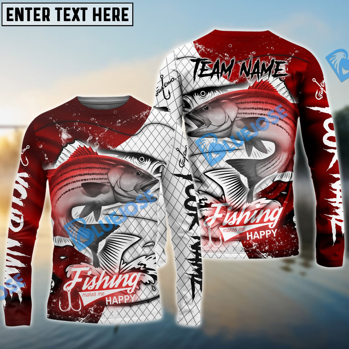 Bluejose Striped Bass Fishing Dark Red Skin Sport Custom Name &amp; Team Name 3D Shirts