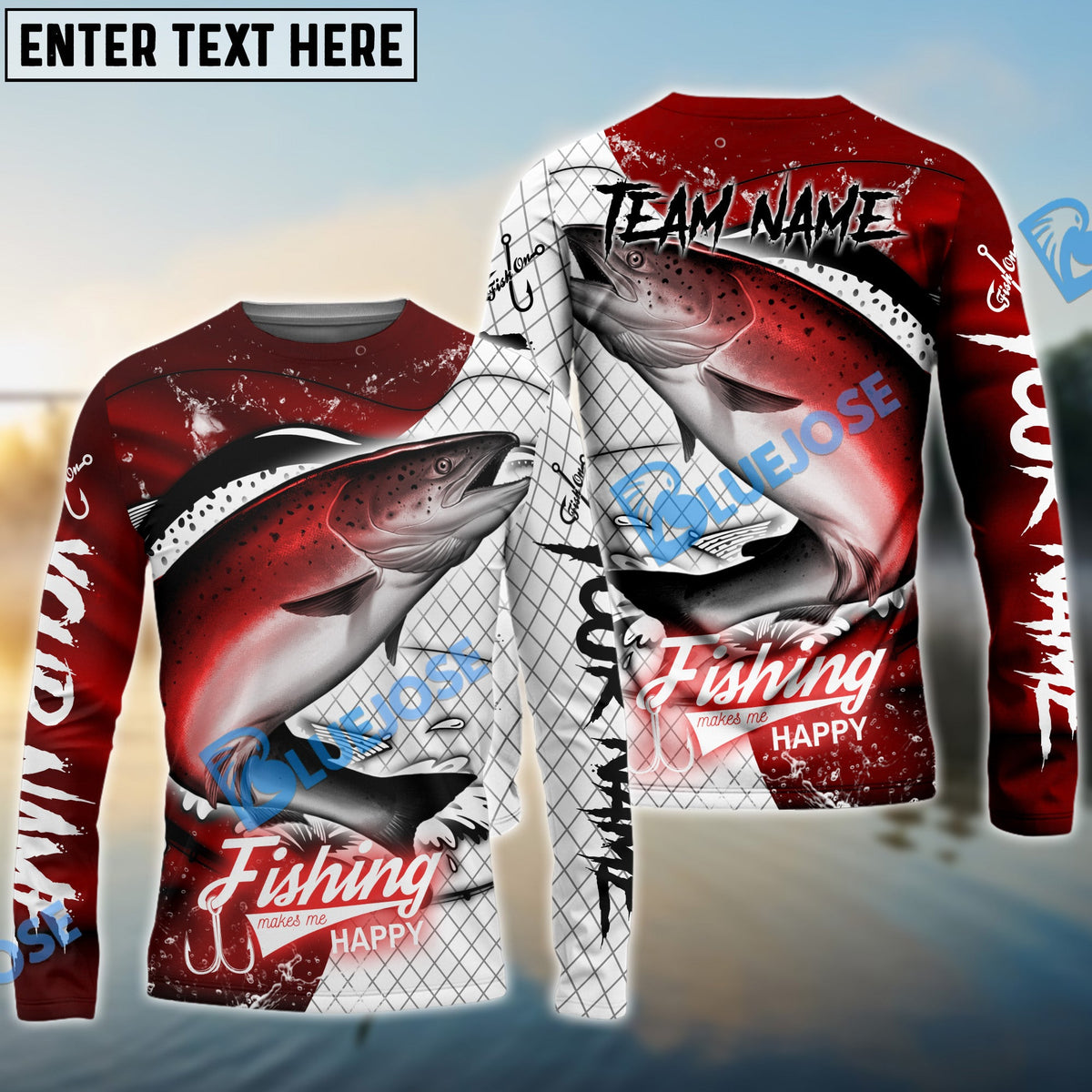 Bluejose Salmon Fishing Dark Red Skin Sport Custom Name &amp; Team Name 3D Shirts