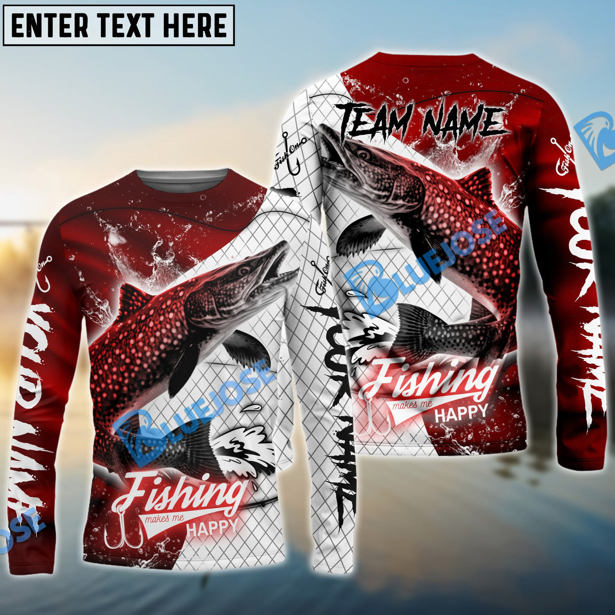 Bluejose Pike Fishing Dark Red Skin Sport Custom Name &amp; Team Name 3D Shirts