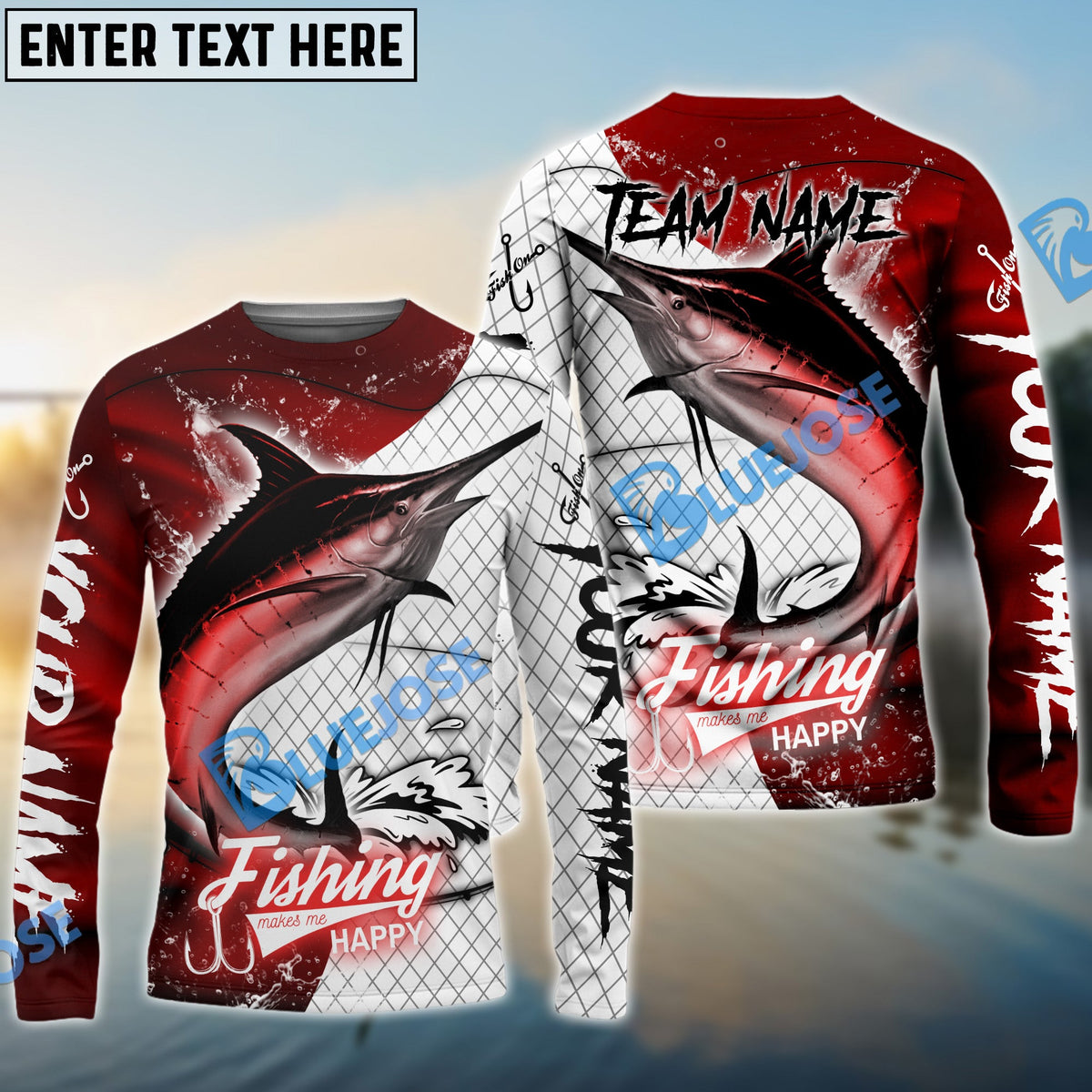 Bluejose Marlin Fishing Dark Red Skin Sport Custom Name &amp; Team Name 3D Shirts