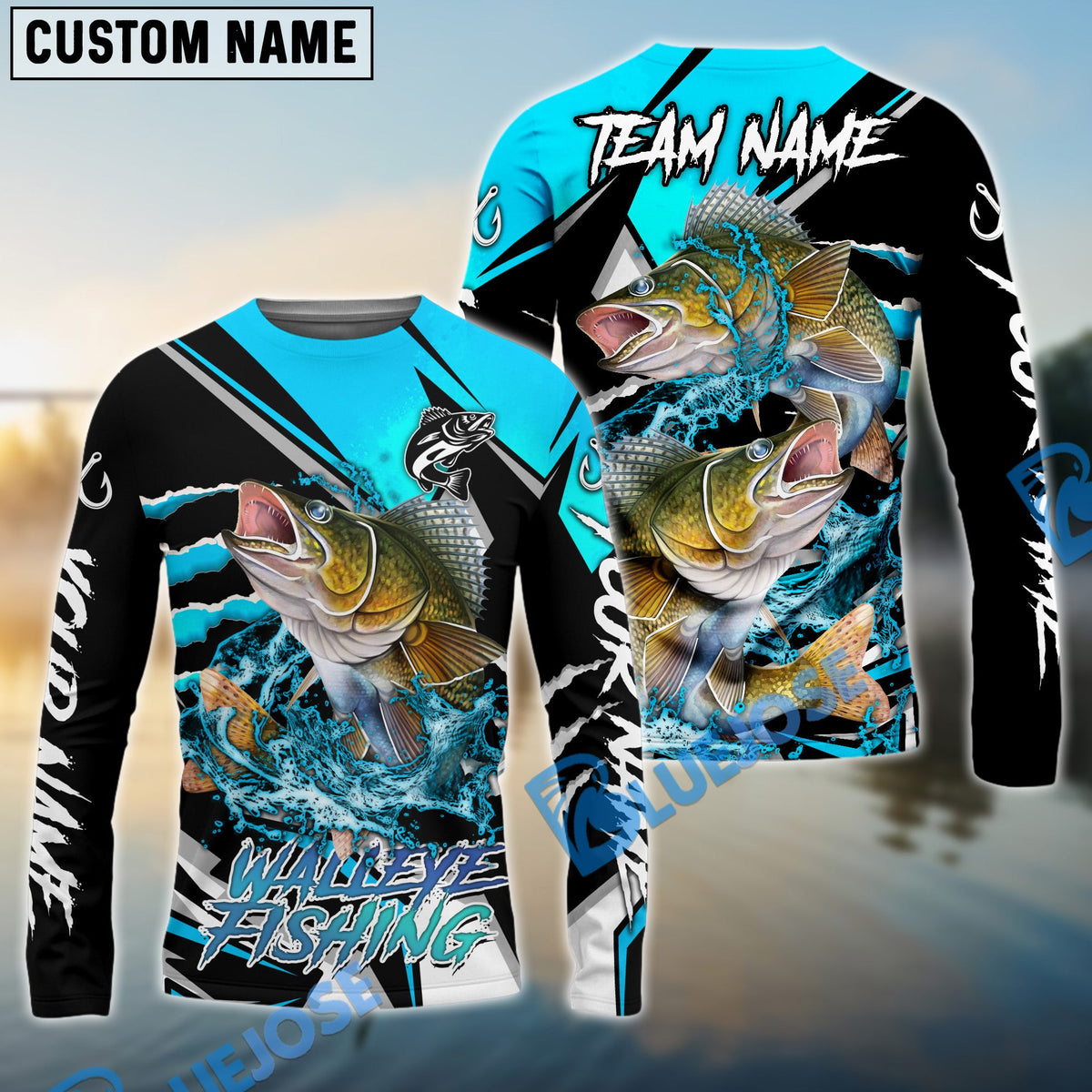 Bluejose Walleye Fishing Black Blue Scratch Sport Custom Name &amp; Team Name 3D Shirts