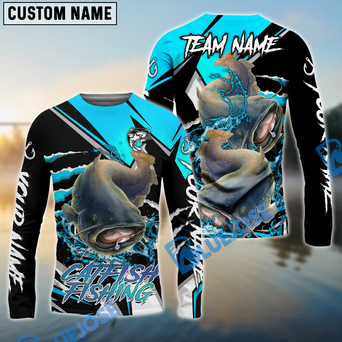 Bluejose Catfish Fishing Black Blue Scratch Sport Custom Name &amp; Team Name 3D Shirts