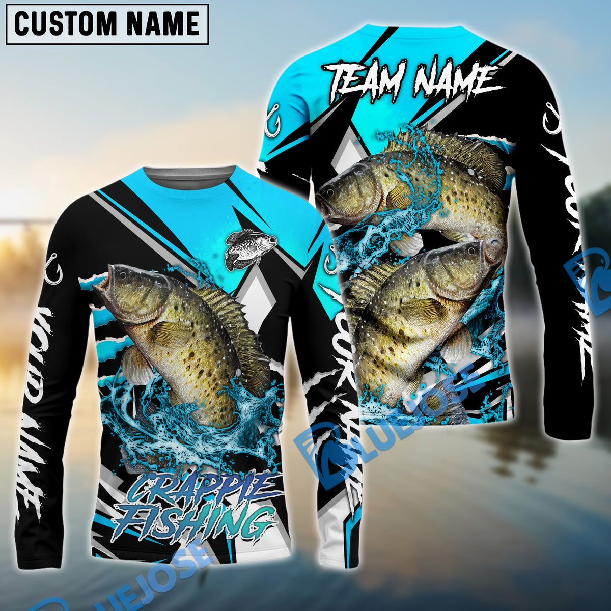 Bluejose Crappie Fishing Black Blue Scratch Sport Custom Name &amp; Team Name 3D Shirts