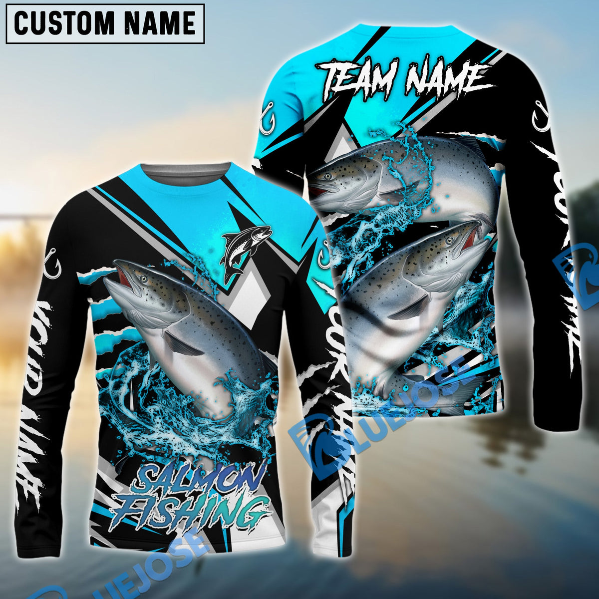 Bluejose Salmon Fishing Black Blue Scratch Sport Custom Name &amp; Team Name 3D Shirts