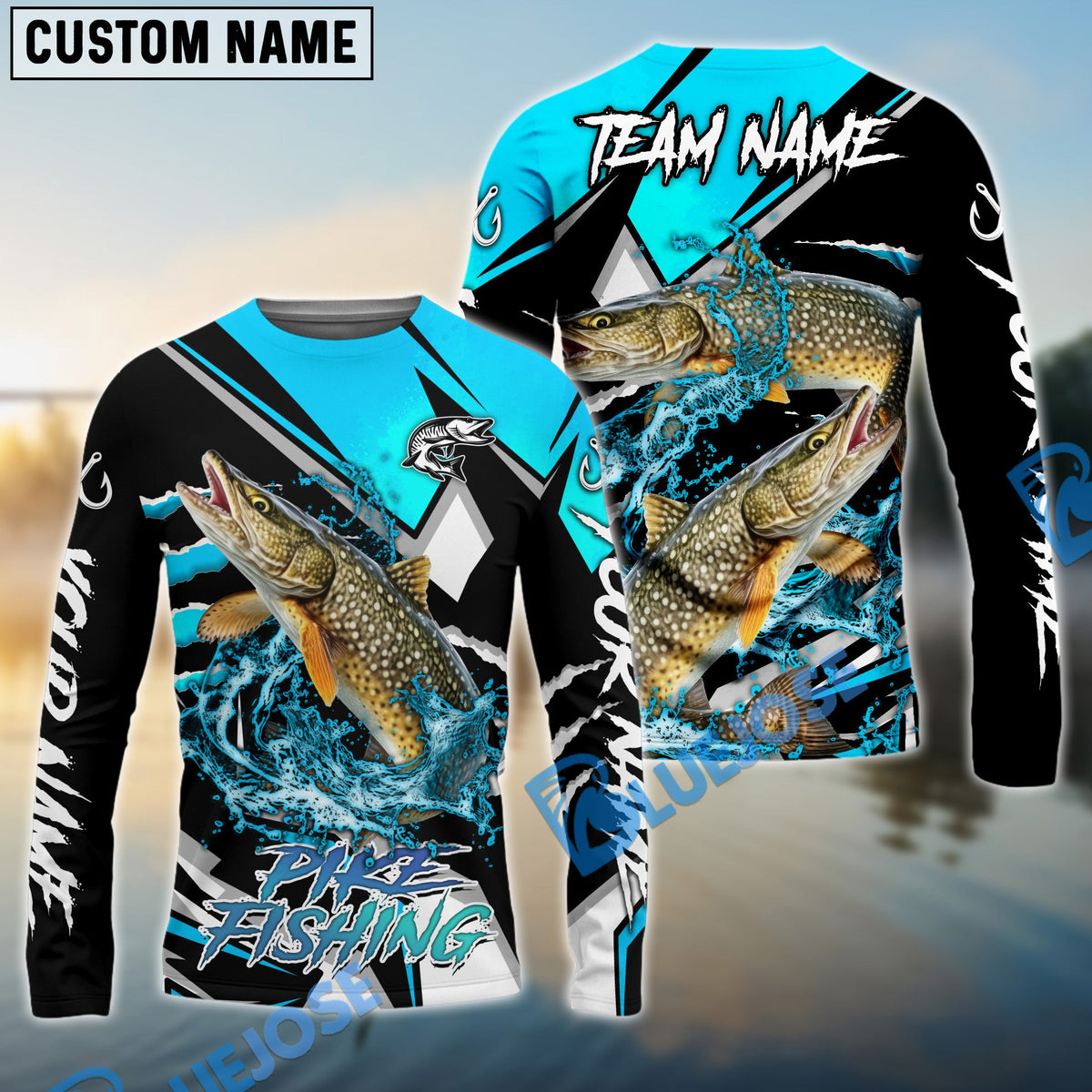 Bluejose Pike Fishing Black Blue Scratch Sport Custom Name &amp; Team Name 3D Shirts