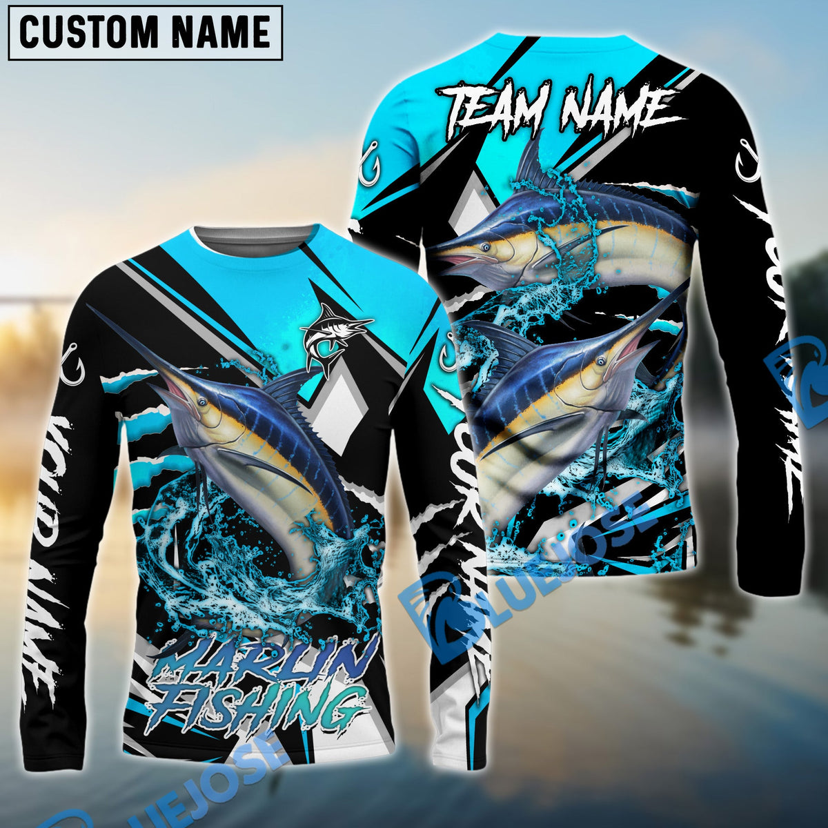 Bluejose Marlin Fishing Black Blue Scratch Sport Custom Name &amp; Team Name 3D Shirts