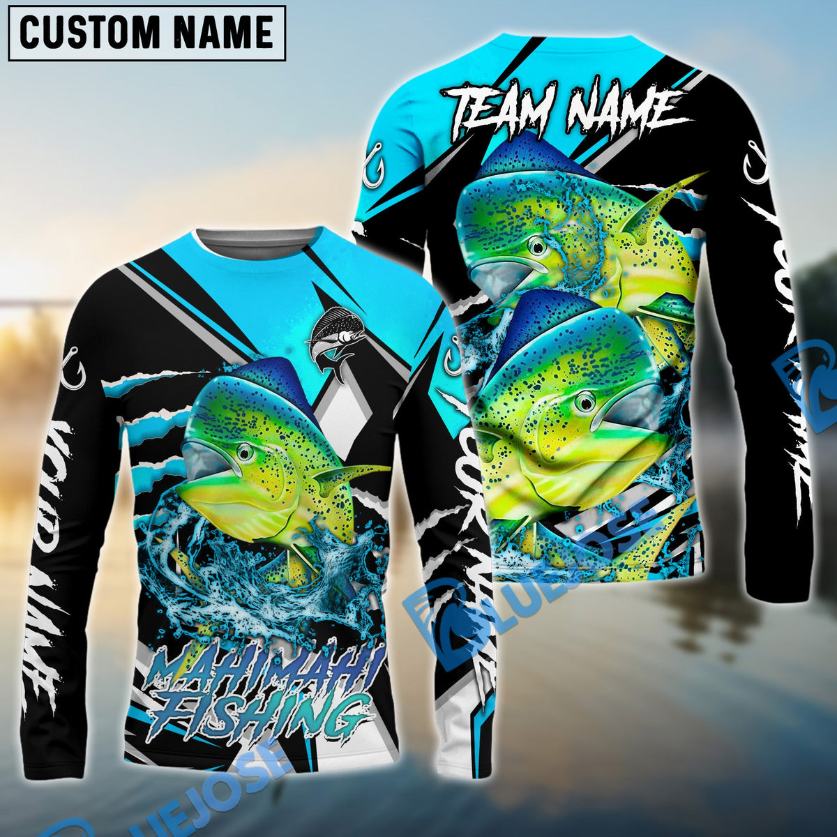 Bluejose Mahi mahi Fishing Black Blue Scratch Sport Custom Name &amp; Team Name 3D Shirts