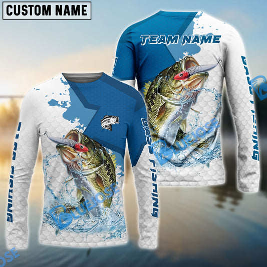 Bluejose Bass Fishing White Fin Blue Paint Sport Custom Name & Team Name 3D Shirts