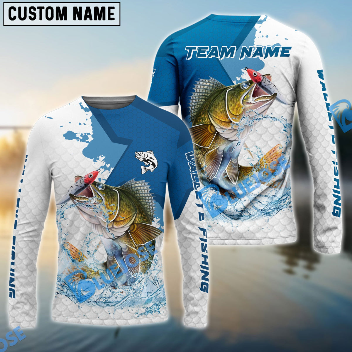 Bluejose Walleye Fishing White Fin Blue Paint Sport Custom Name &amp; Team Name 3D Shirts