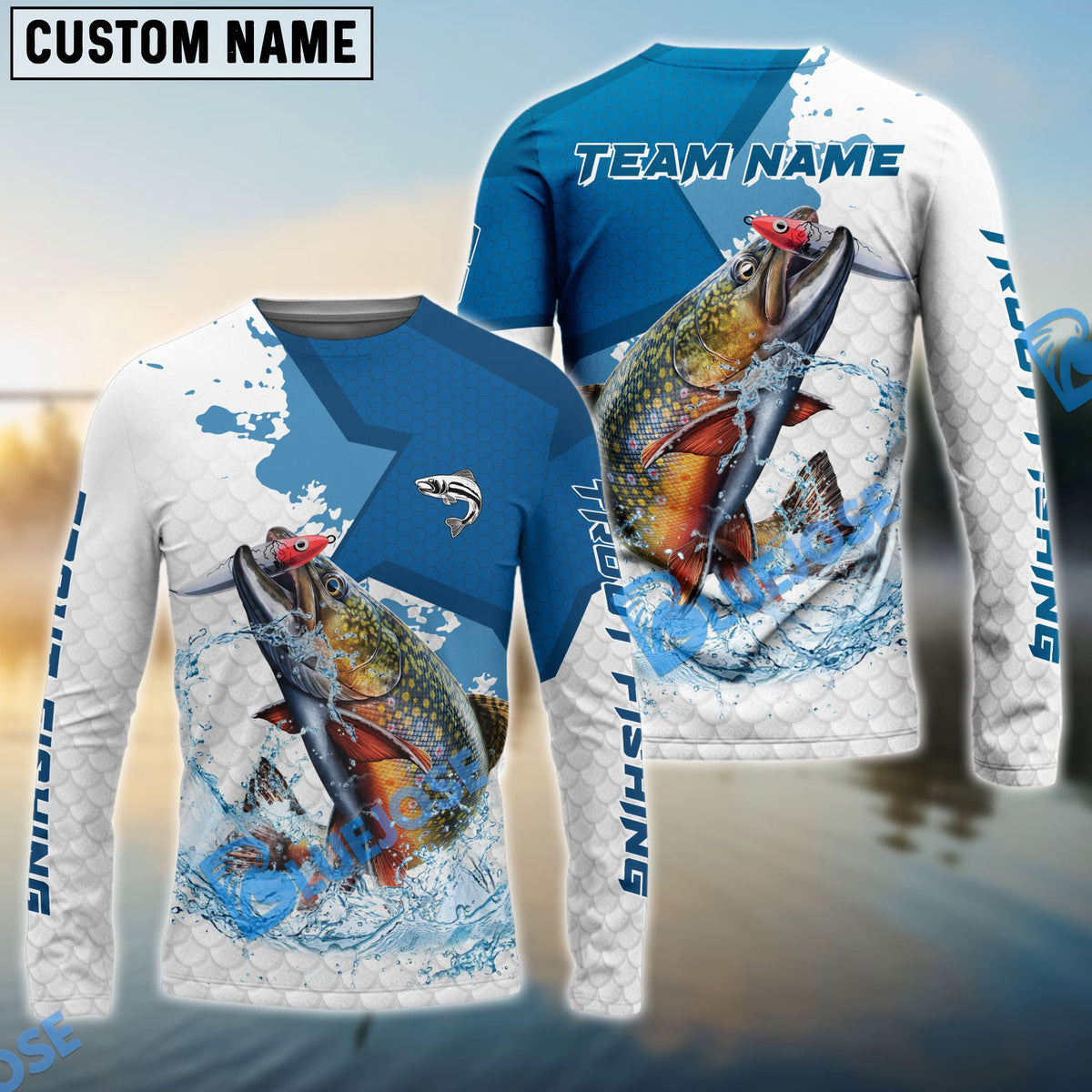 Bluejose Trout Fishing White Fin Blue Paint Sport Custom Name &amp; Team Name 3D Shirts
