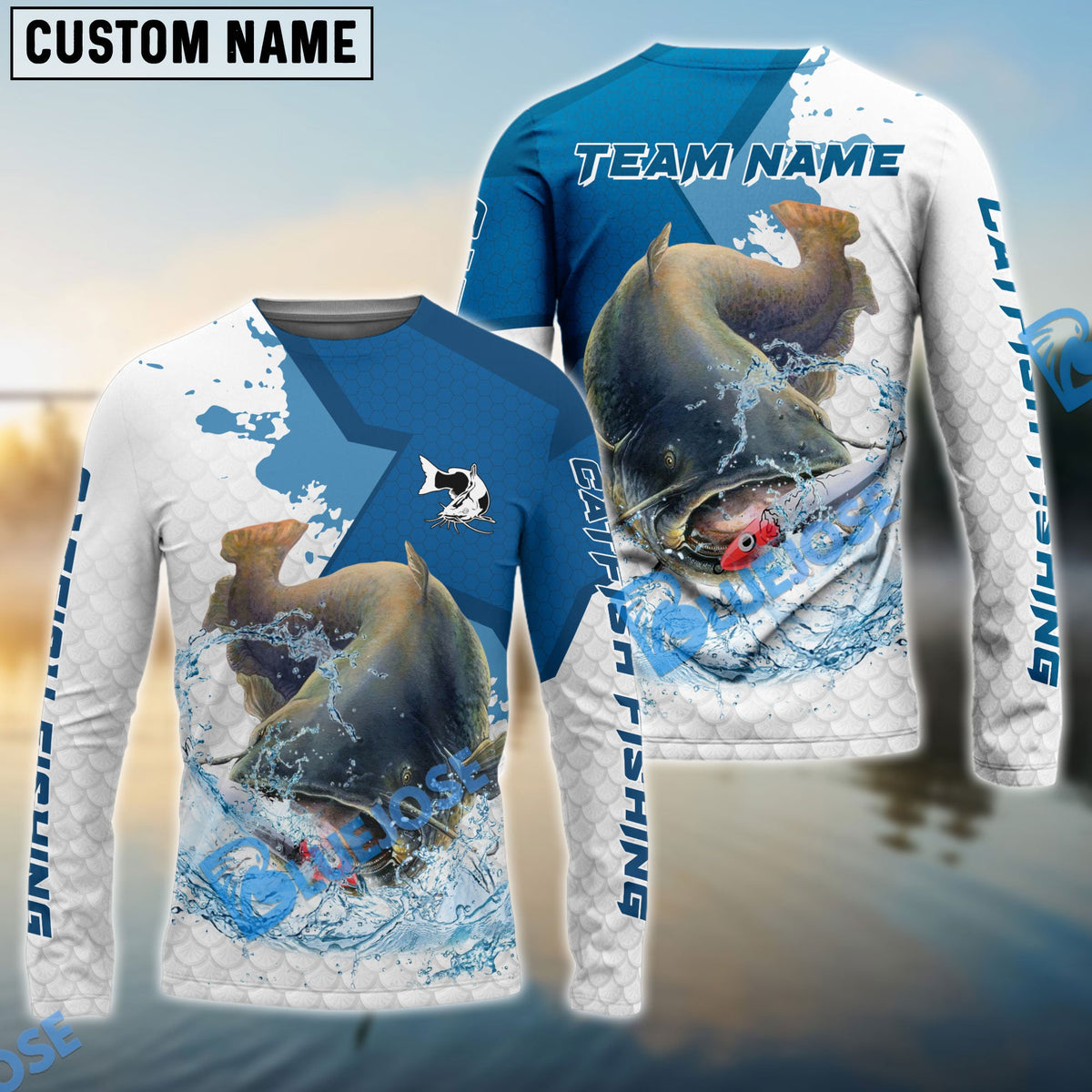 Bluejose Catfish Fishing White Fin Blue Paint Sport Custom Name &amp; Team Name 3D Shirts