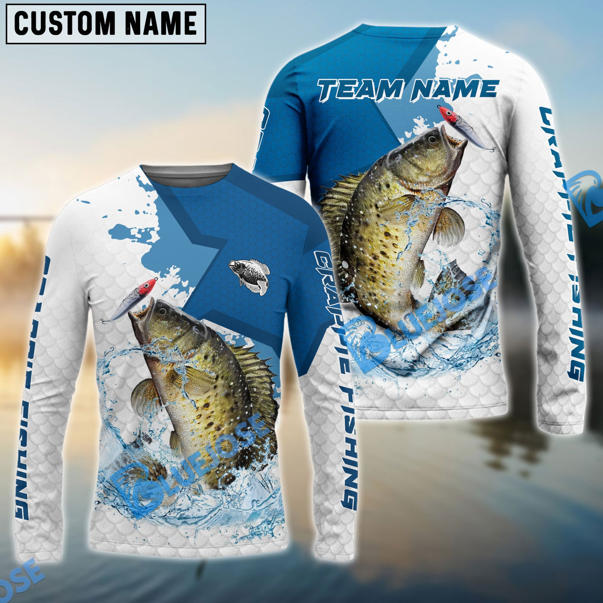 Bluejose Crappie Fishing White Fin Blue Paint Sport Custom Name &amp; Team Name 3D Shirts