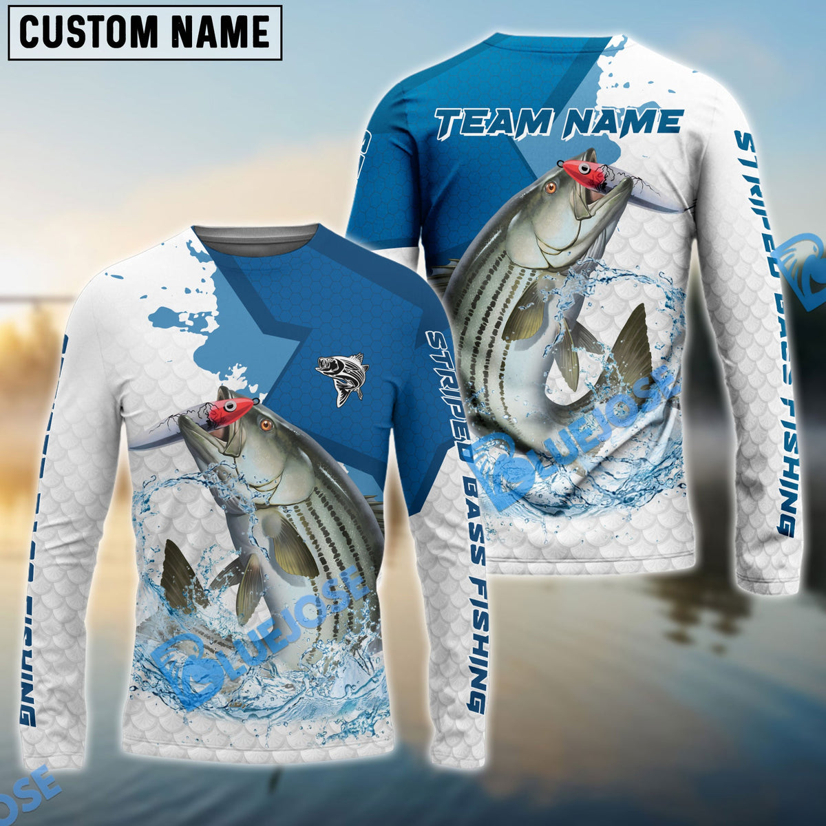 Bluejose Striped Bass Fishing White Fin Blue Paint Sport Custom Name &amp; Team Name 3D Shirts