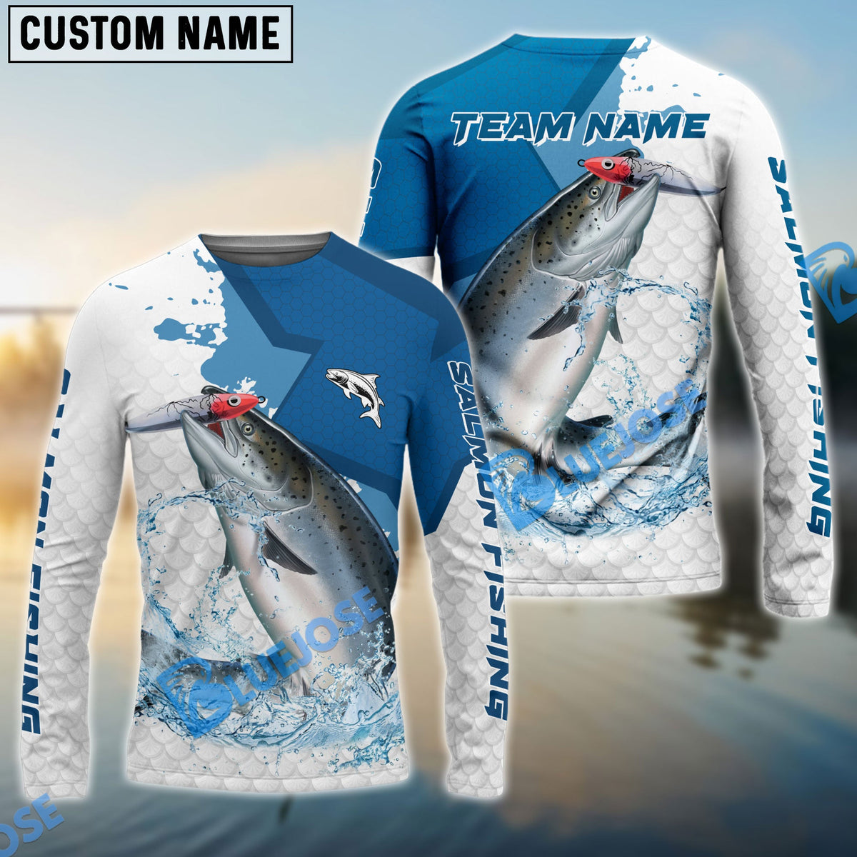 Bluejose Salmon Fishing White Fin Blue Paint Sport Custom Name &amp; Team Name 3D Shirts