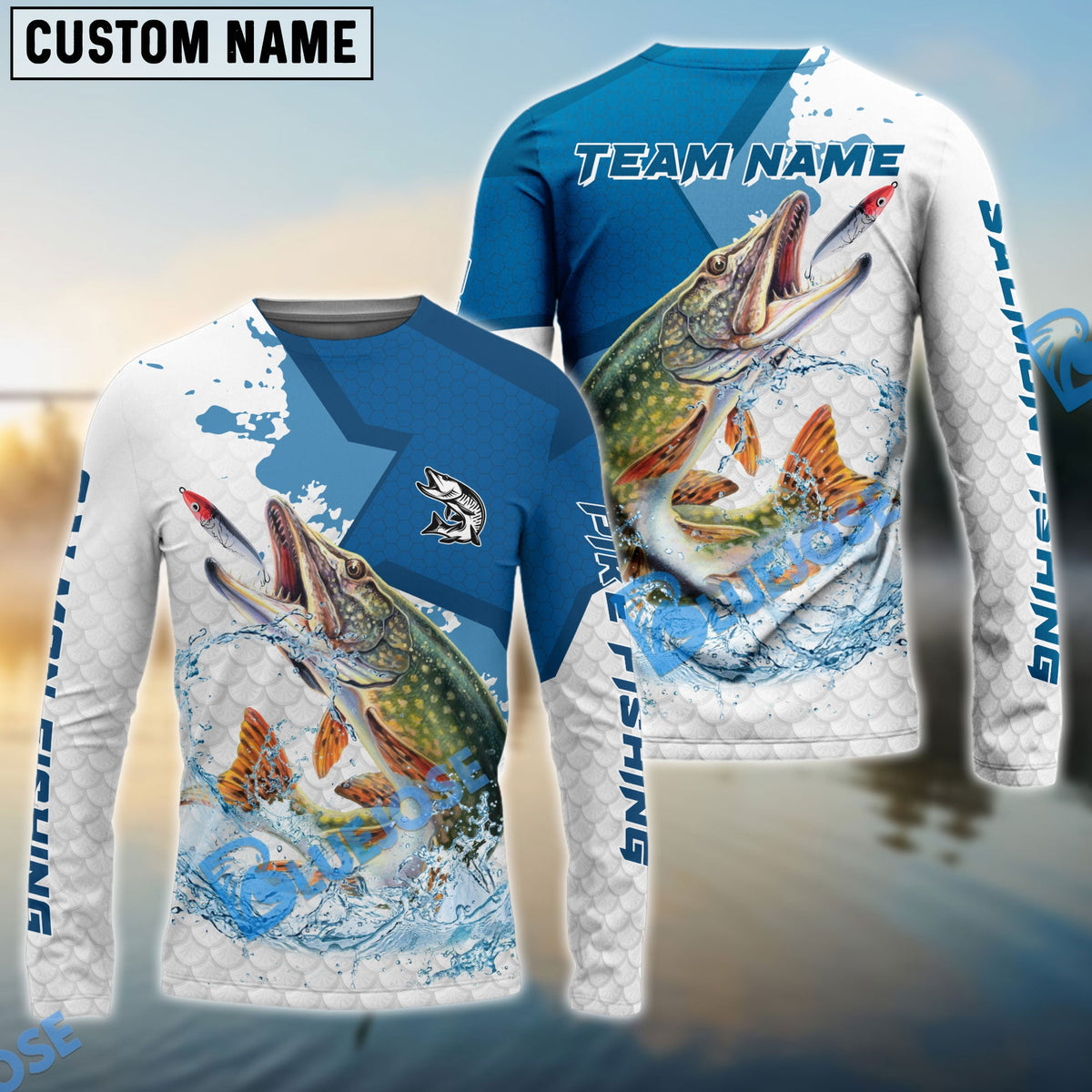 Bluejose Pike Fishing White Fin Blue Paint Sport Custom Name &amp; Team Name 3D Shirts