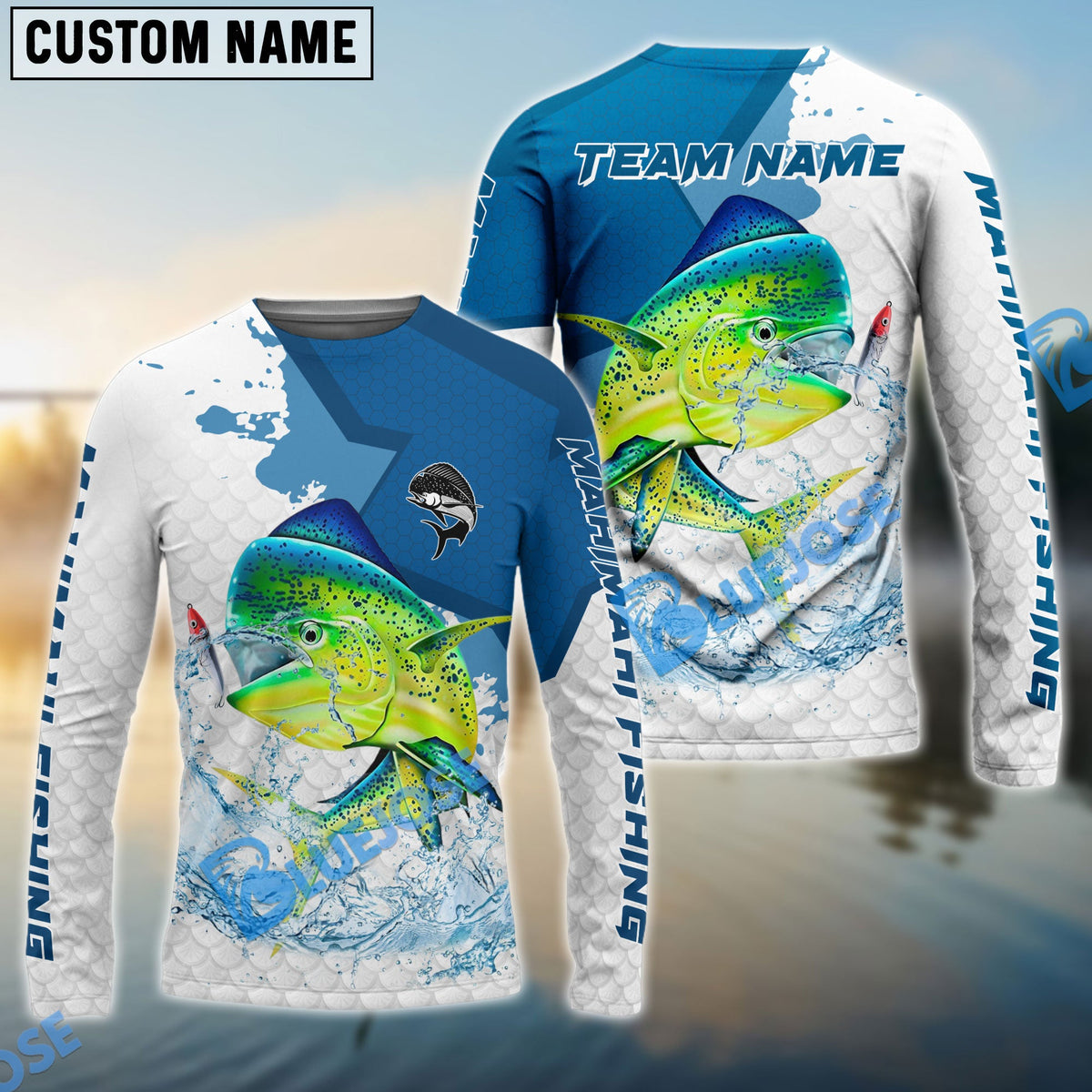 Bluejose Mahi mahi Fishing White Fin Blue Paint Sport Custom Name &amp; Team Name 3D Shirts
