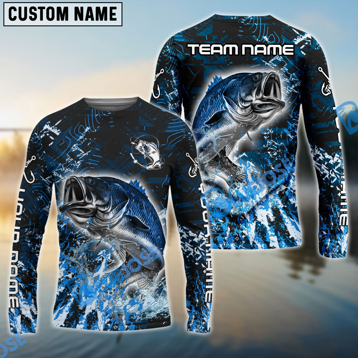Bluejose Bass Fishing Dark Grunge Blue Custom Name &amp; Team Name 3D Shirts