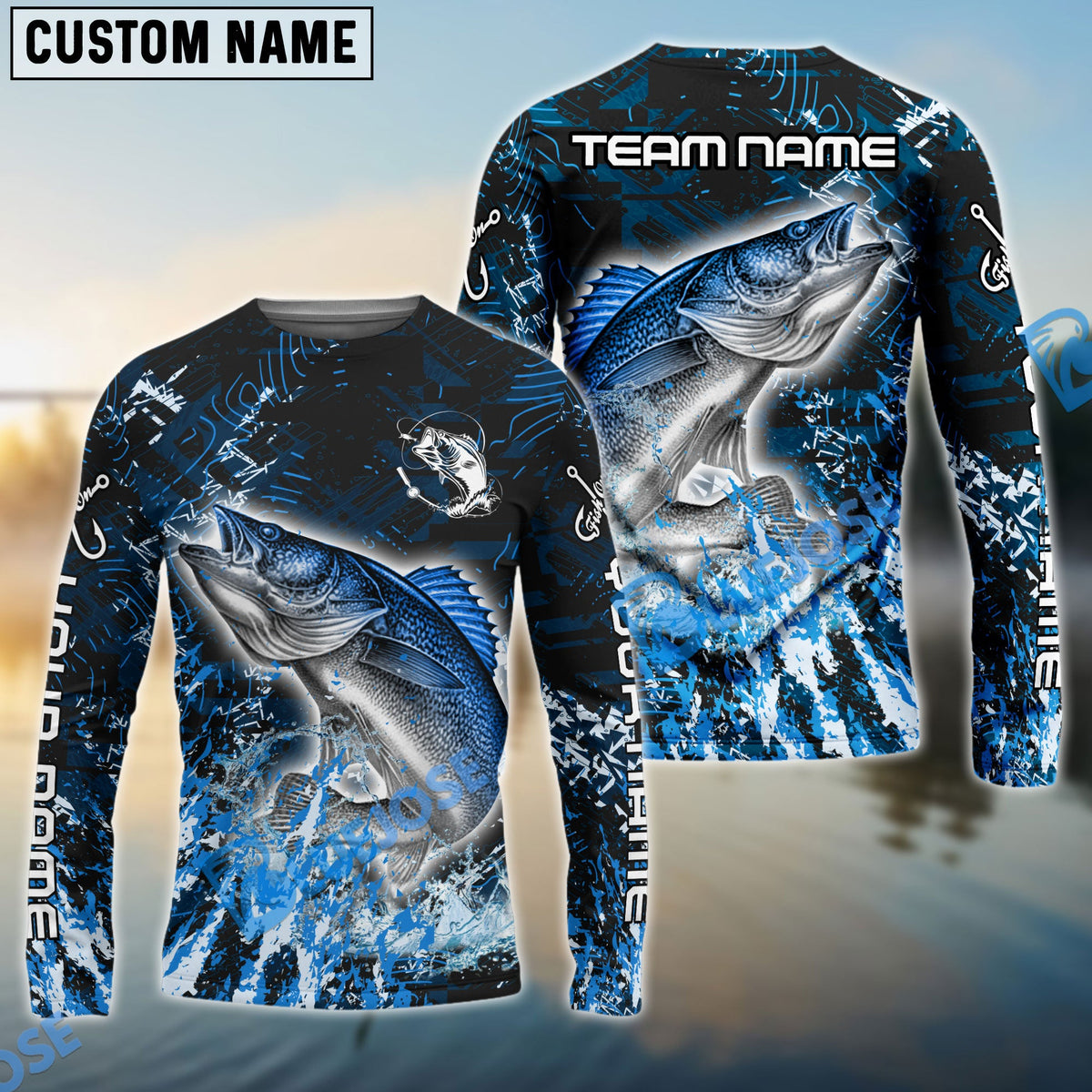 Bluejose Walleye Fishing Dark Grunge Blue Custom Name &amp; Team Name 3D Shirts