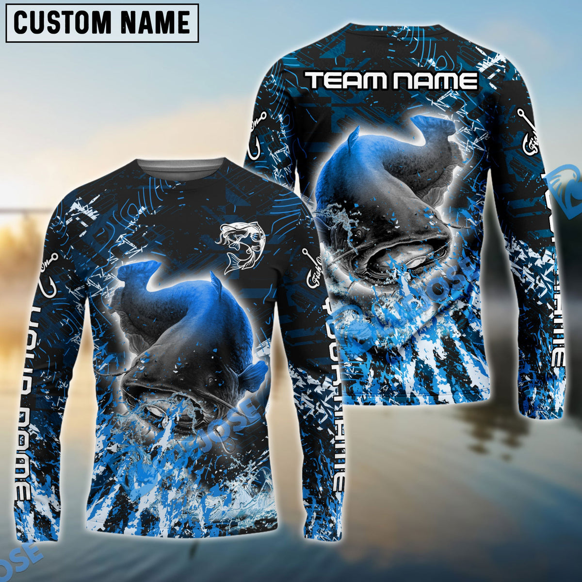 Bluejose Catfish Fishing Dark Grunge Blue Custom Name &amp; Team Name 3D Shirts