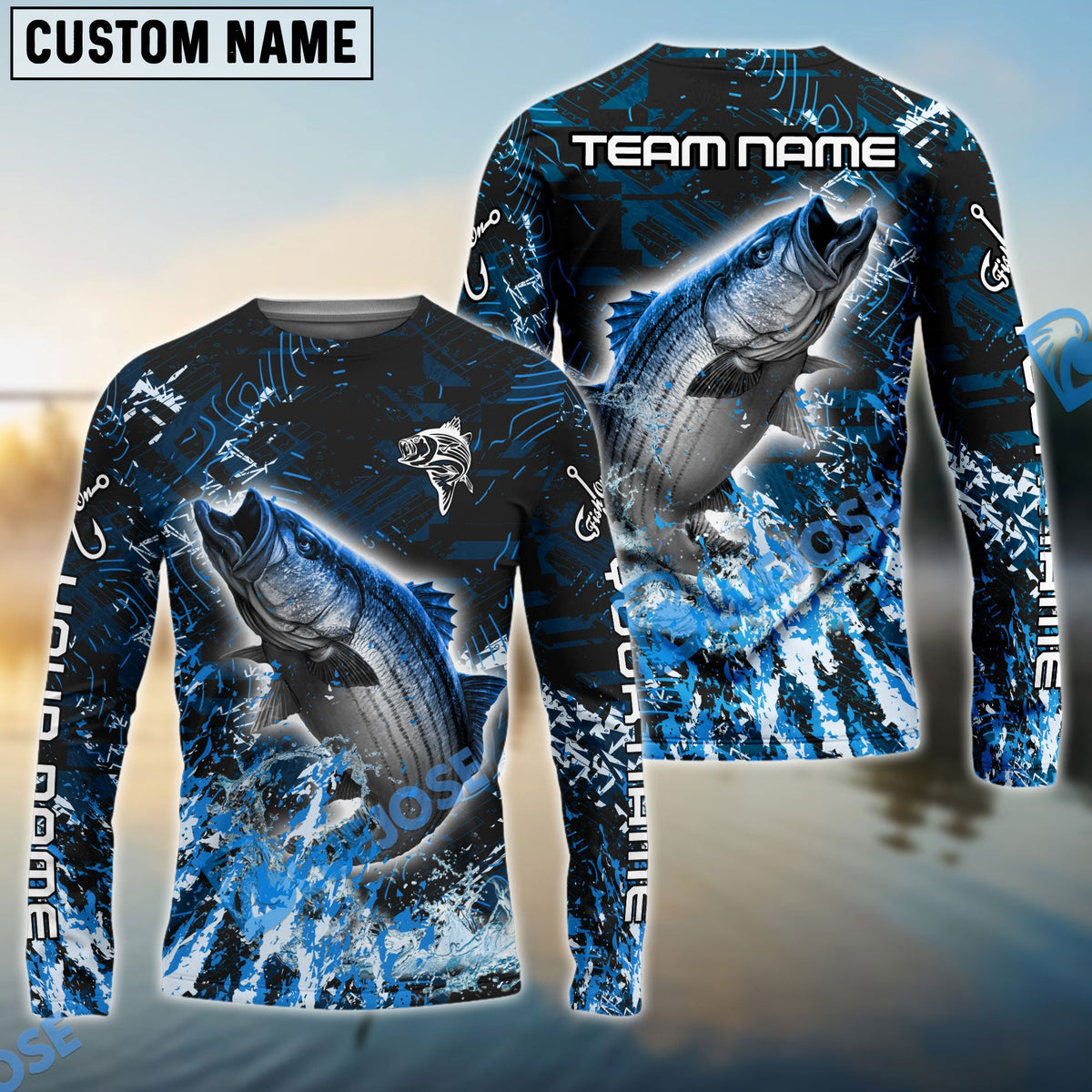Bluejose Striped Bass Fishing Dark Grunge Blue Custom Name &amp; Team Name 3D Shirts